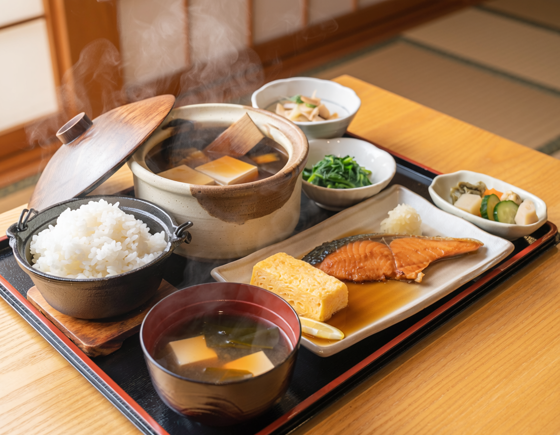 釜炊きごはんと湯豆腐の朝食膳