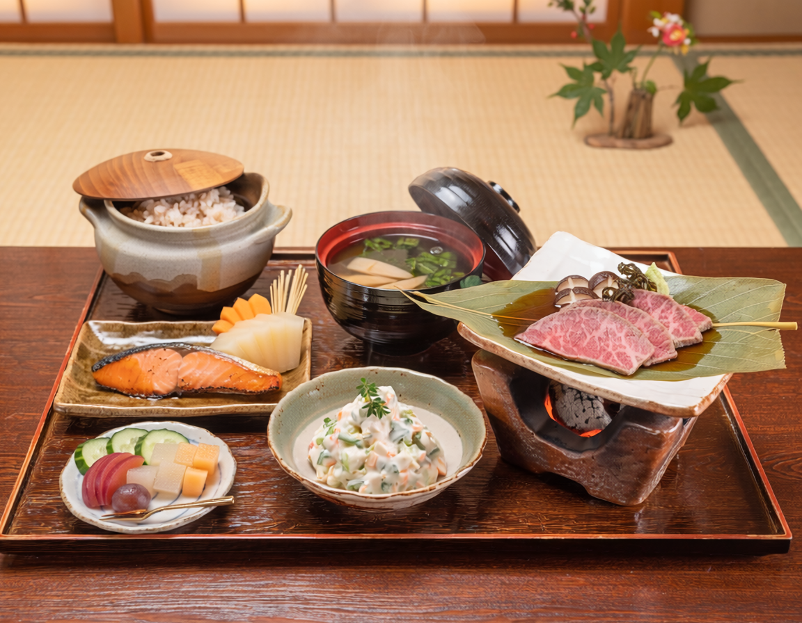 囲炉裏端に並ぶ山里会席