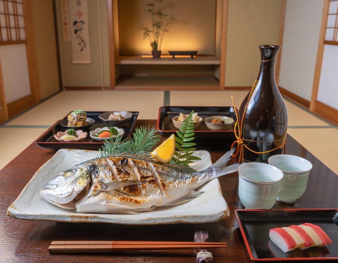 乾杯酒と鯛の尾頭付きの祝い膳