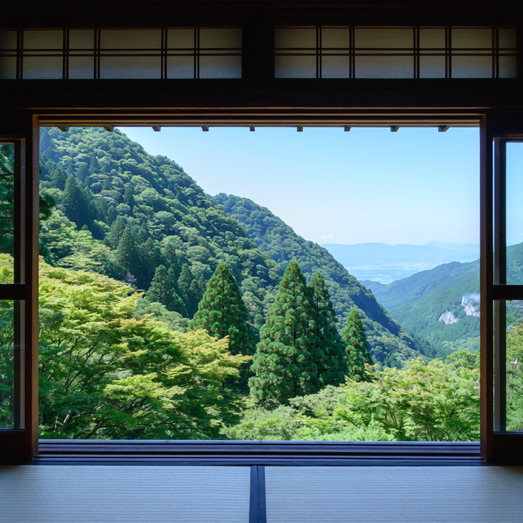 和室の窓から望む山の景色
