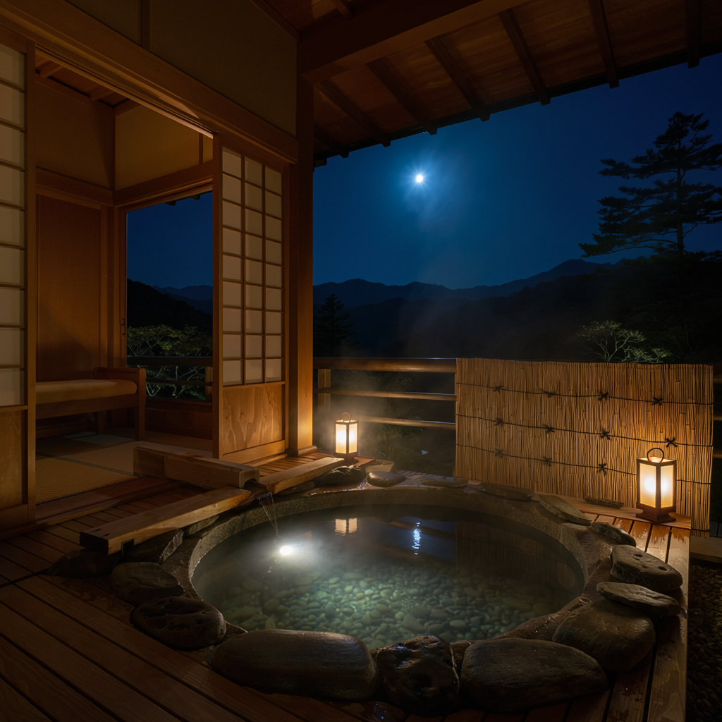 客室専用の露天風呂と月